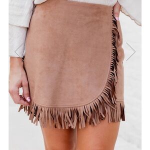 Pink Lily I'll Go First Brown Fringe Hem Suede Mini Skort